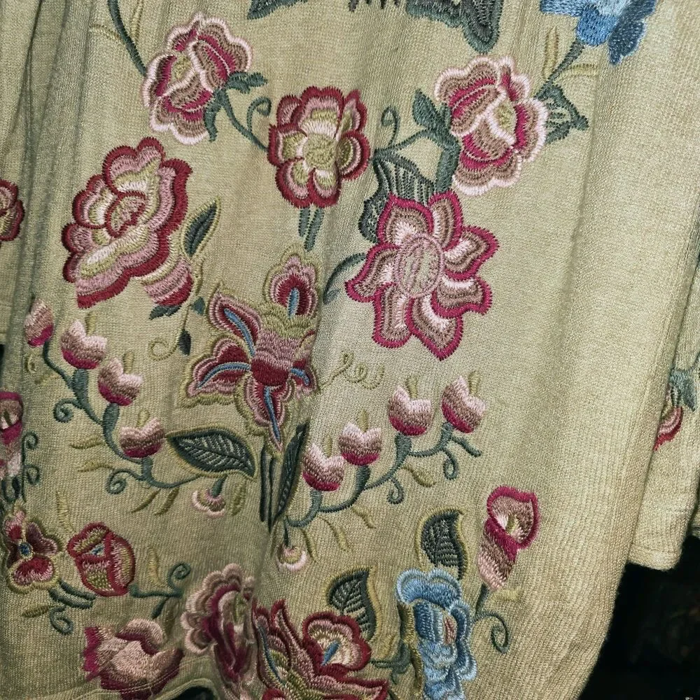 JOHNNY WAS BIYA Sz S Floral Embroidered Open Front Hood Cardigan Duster Sweater